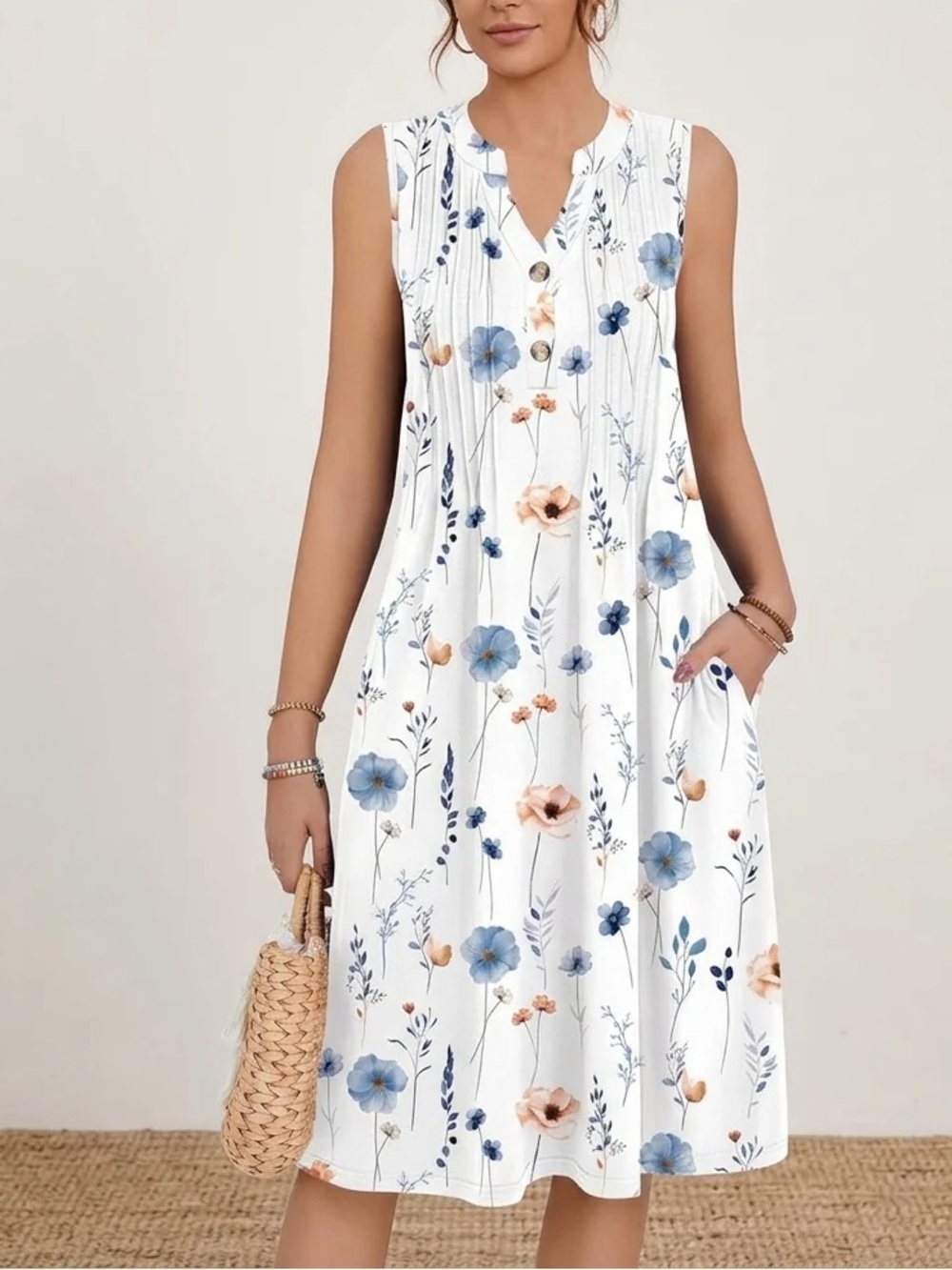 NWOT Sleeveless Floral Midi Dress, Light Blooms, 3 Buttons, Fully Lined, V Neck